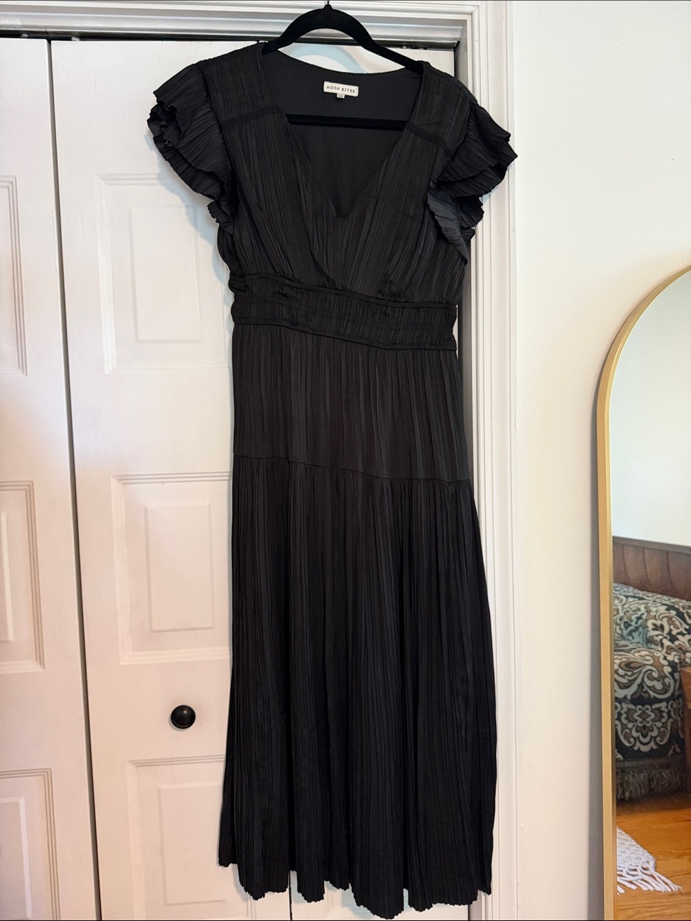 Moon River Black Pleated Dress with Flutter Sleeves